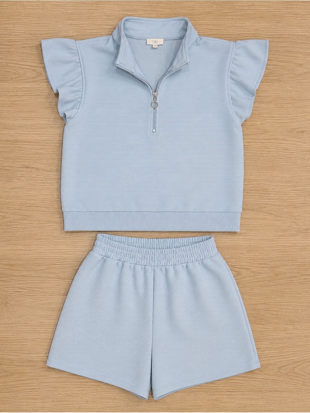 Light Blue Womens Two-Piece Zip Ruffle Sleeve Top & Shorts Set